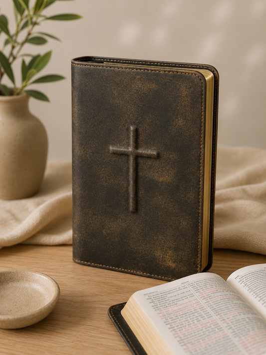 Biblie din piele, marime medie, cruce in relief, Dumitru Cornilescu, fără fermoar, margini aurii, cuvintele lui Isus cu rosu, fara index